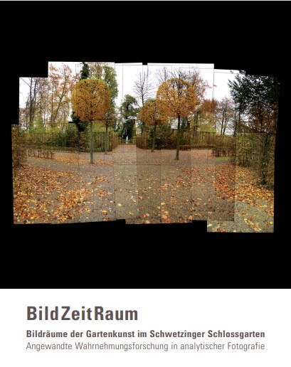 Fotografie der Ausstellung und Publikation "BildZeitRaum". Bildräume der Gartenkunst im Schwetzinger Schlossgarten. Grafik: Universität Stuttgart